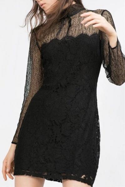 Oasap Charming Mesh Lace Lining High Neck Mini Dress