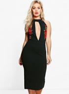 Oasap Sleeveless Cut Out Front Floral Embroidery Bodycon Dress