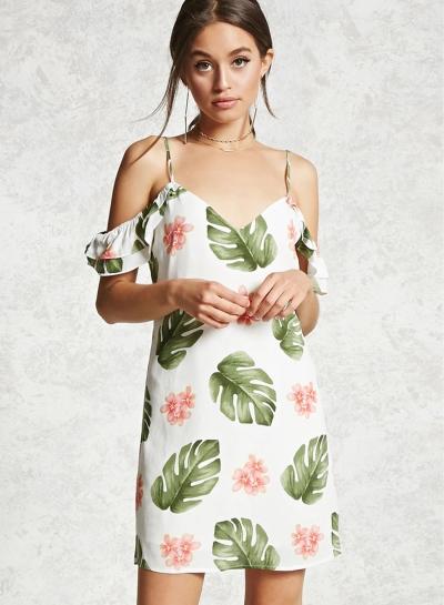 Oasap V Neck Leaf Print Off Shoulder Dress