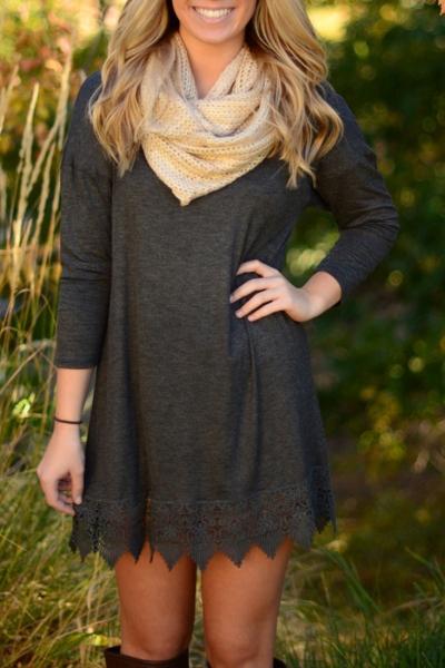 Oasap Deep Gray Crochet Lace Hem Trapeze Dress