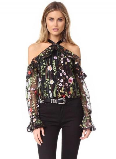 Oasap Halter Off Shoulder Long Sleeve Floral Printed Blouse