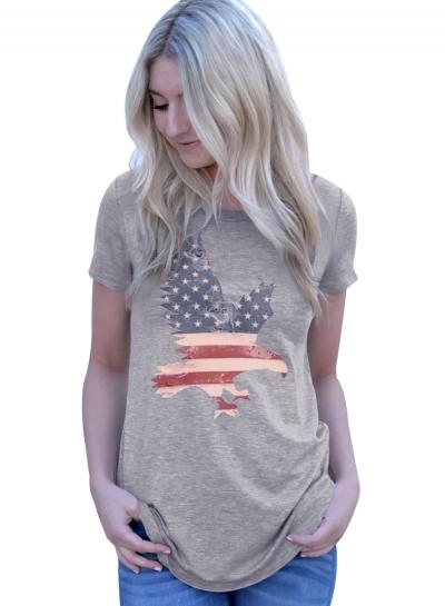 Oasap Casual Loose America Flag Eagle Grey Daily Tee Shirt