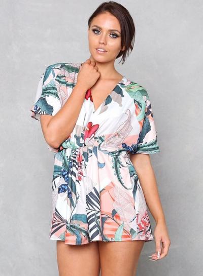 Oasap Deep V Neck Short Sleeve Floral Print Romper