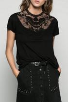 Oasap Sheer Floral Lace Paneled Keyhole Back Tee