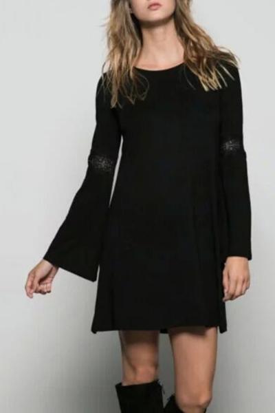 Oasap Simple Lace Paneled Flare Sleeve Trapeze Dress