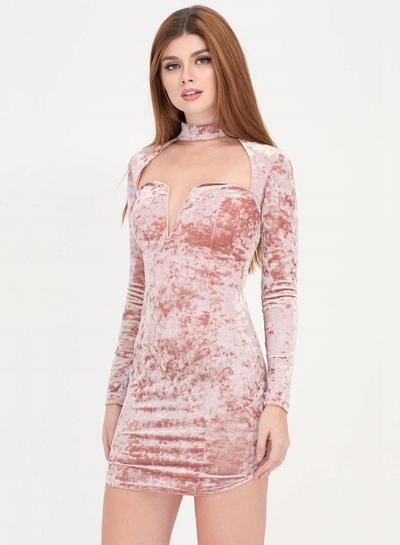 Oasap Deep V Neck Long Sleeve Solid Color Bodycon Dress
