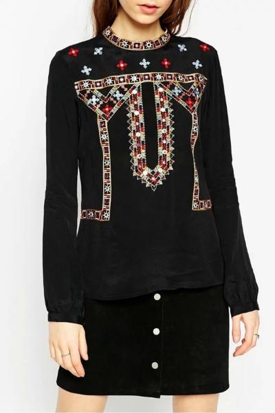 Oasap National Wind Embroidery Keyhole Back Blouse