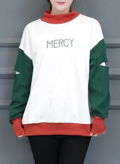 Oasap Letter Prined Color Block Cutout Sleeve Sweatshirt