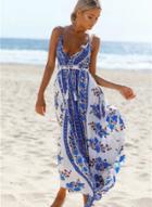 Oasap Halter Deep V Neck Sleeveless Backless Floral Printed Split Maxi Dress