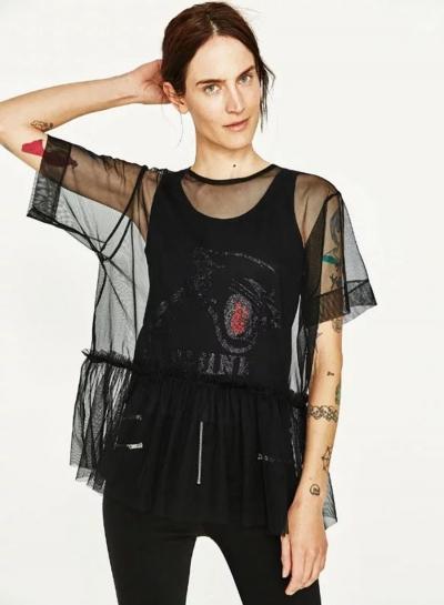 Oasap Black Simple Loose Sheer Two Piece Tee Shirt