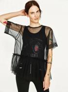 Oasap Black Simple Loose Sheer Two Piece Tee Shirt