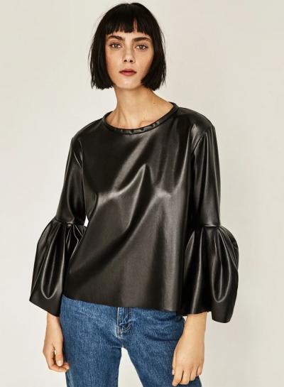 Oasap Round Neck Flare Sleeve Pu Leather Blouse