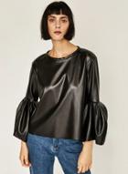 Oasap Round Neck Flare Sleeve Pu Leather Blouse