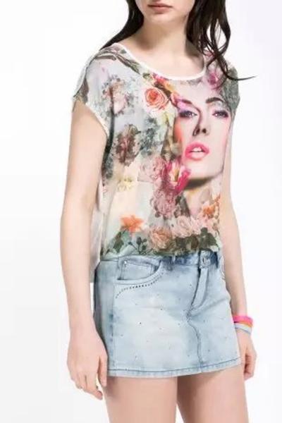 Oasap Beauty Print Floal Lace Paneled Knit Tee