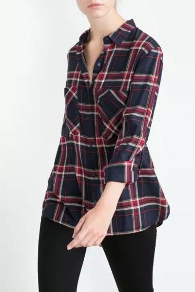 Oasap Classic Plaid Stand Collar Button Down Shirt