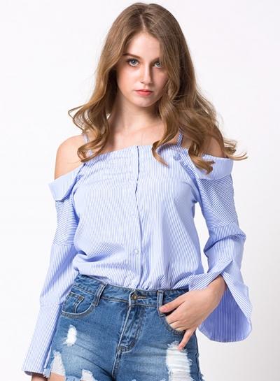 Oasap Off The Shoulder Flare Sleeve Striped Blouse