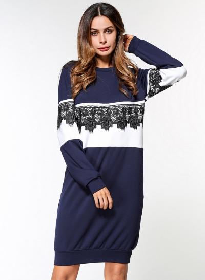 Oasap Long Sleeve Round Neck Color Block Floral Lace Dress