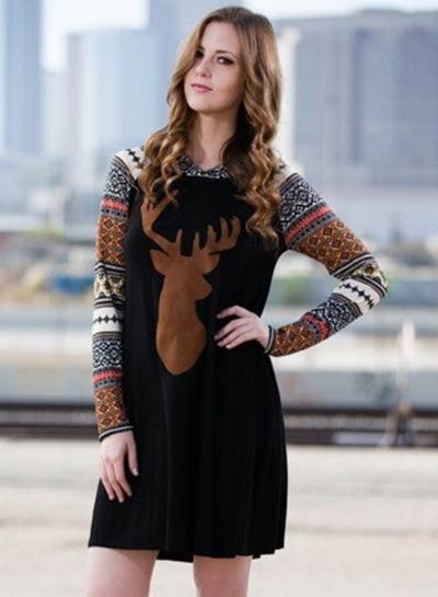 Oasap Christmas Elk Print Long Sleeve Hooded Dress