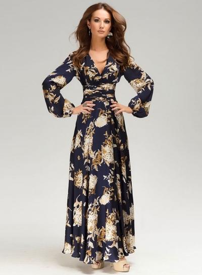 Oasap Elegant V Neck Long Sleeve Floral Maxi Dress