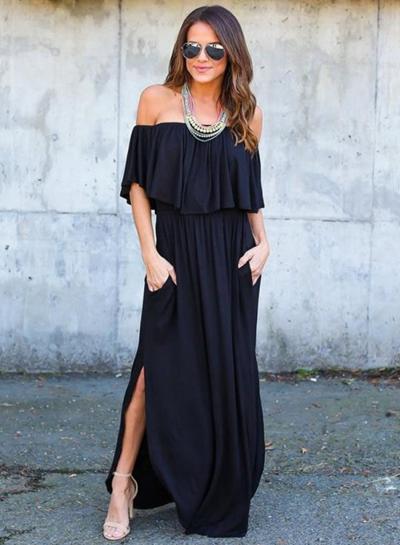 Oasap Off Shoulder Short Sleeve Ruffle Solid Maxi Dress With Pockets