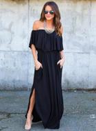 Oasap Off Shoulder Short Sleeve Ruffle Solid Maxi Dress With Pockets