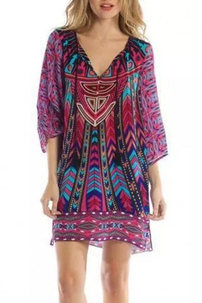 Oasap Boho Geometric Print Lace-up Front Side Slit Dress