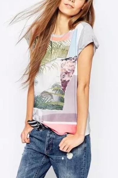 Oasap Scene Print Round Neck Short Sleeve Cotton Knit Tee