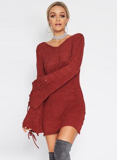 Oasap V Neck Flare Sleeve Lace Up Solid Color Sweater Dress