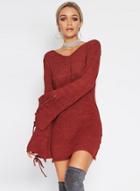 Oasap V Neck Flare Sleeve Lace Up Solid Color Sweater Dress