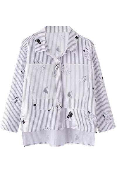 Oasap Women Color Block Striped High Low Button Down Shirt