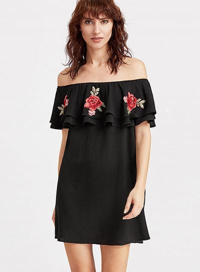Oasap Slash Neck Strapless Floral Embroidery Dresses