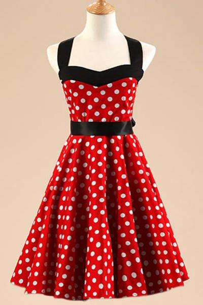 Oasap Retro Polka Dot Print Bow Halter A-line Dress