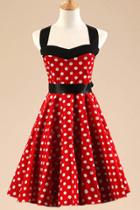 Oasap Retro Polka Dot Print Bow Halter A-line Dress