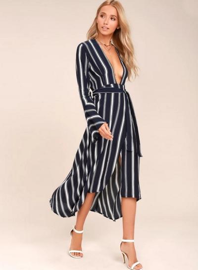 Oasap Deep V Neck Flare Sleeve Striped Midi Dress