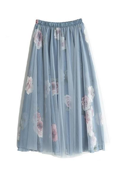 Oasap Flower Print Skirt With Mesh Panel