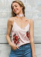 Oasap Spaghetti Strap Floral Embroidery Tank With Neckwear