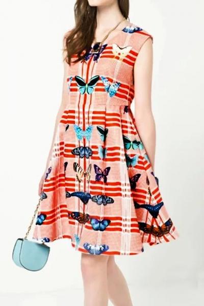 Oasap Sweet Pink Butterfly Print Mini Flare Dress
