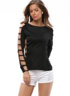 Oasap Round Neck Long Sleeve Solid Color Broken Hole Top