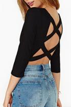 Oasap Black Crisscross Back Round Neck Crop Top