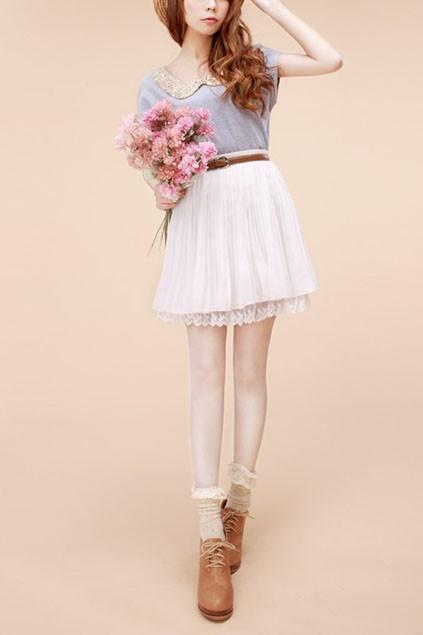 Oasap Sweet Ruffled Double-layered Skirt With Lace Hemline
