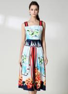 Oasap Fashion Sleeveless Floral Printed A-line Midi Dress