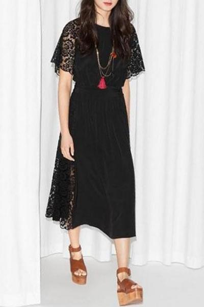 Oasap Charming Floral Lace Short Sleeve Belted Midi Dress