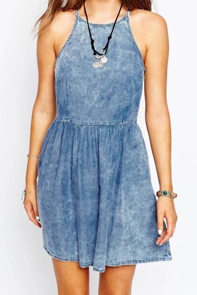 Oasap Chic Spaghetti Strap High Waist Denim Dress