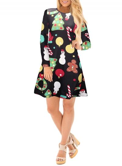Oasap Round Neck Long Sleeve Christmas Tree Printed Midi Dress