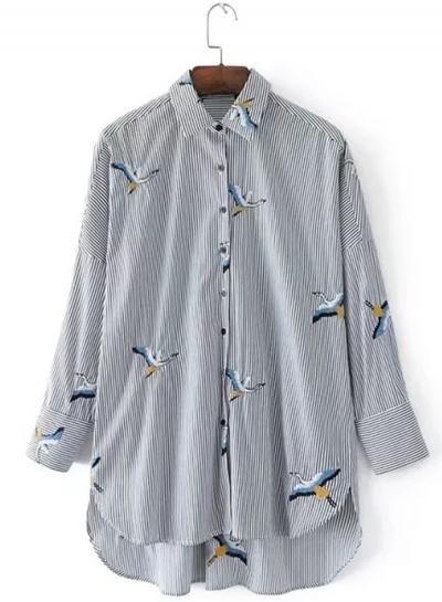 Oasap Turn Down Collar Long Sleeve Striped Embroidery Shirt