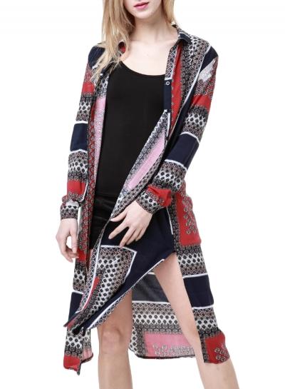 Oasap Women's Collared High Slit Position Print Button Down Shirt Dress