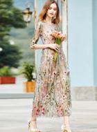Oasap Round Neck 3/4 Sleeve Floral Embroidery Vintage Maxi Dress