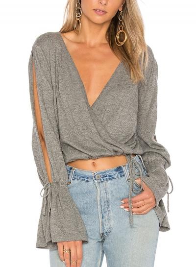 Oasap Deep V Neck Flare Sleeve Solid Color Short Tee Shirt