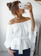 Oasap Fashion Off Shoulder Flare Sleeve Chiffon Blouse With Belt