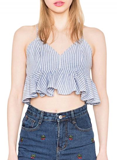 Oasap Women's Color Block Striped Print Flounce Trim Crop Top